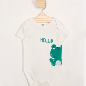 Body Infantil de Algodão Sapo com Bordado “Hello” Manga Curta Off White