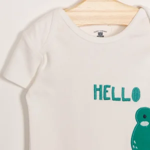 Body Infantil de Algodão Sapo com Bordado “Hello” Manga Curta Off White
