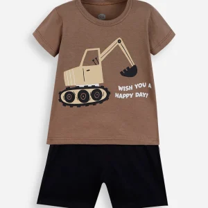 Conjunto infantil curto de algodão escavadeira marrom