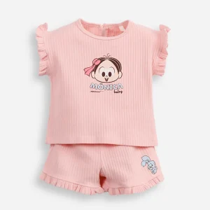 Conjunto infantil curto canelado turma da mônica rosa