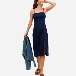Vestido midi feminino com linho e fenda