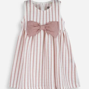 Vestido infantil de algodão texturizado listrado rosa