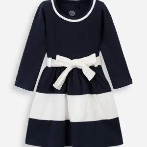Vestido infantil de algodão com recortes e laço manga longa