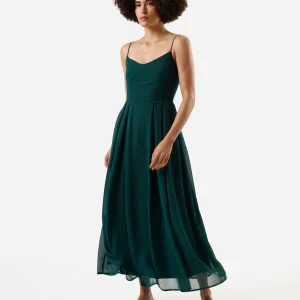 Vestido midi alça fina feminino com pregas verde