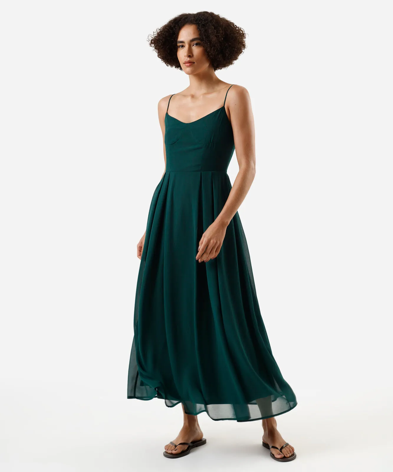 Vestido midi alça fina feminino com pregas verde