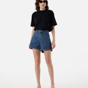 Short feminino jeans cintura média listrado azul