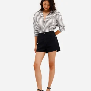 Short mom feminino jeans cós elástico preto