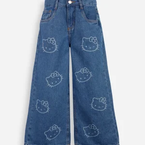 Calça wide leg infantil jeans hello kitty azul