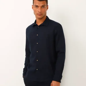Camisa de linho e algodão manga longa verde médio – azul marinho
