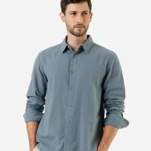 Camisa manga curta linho com algodão azul