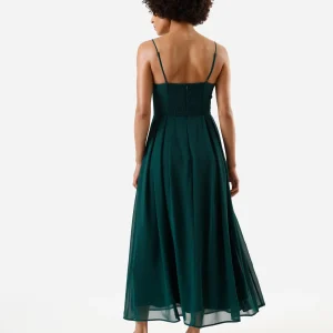 Vestido midi alça fina feminino com pregas verde