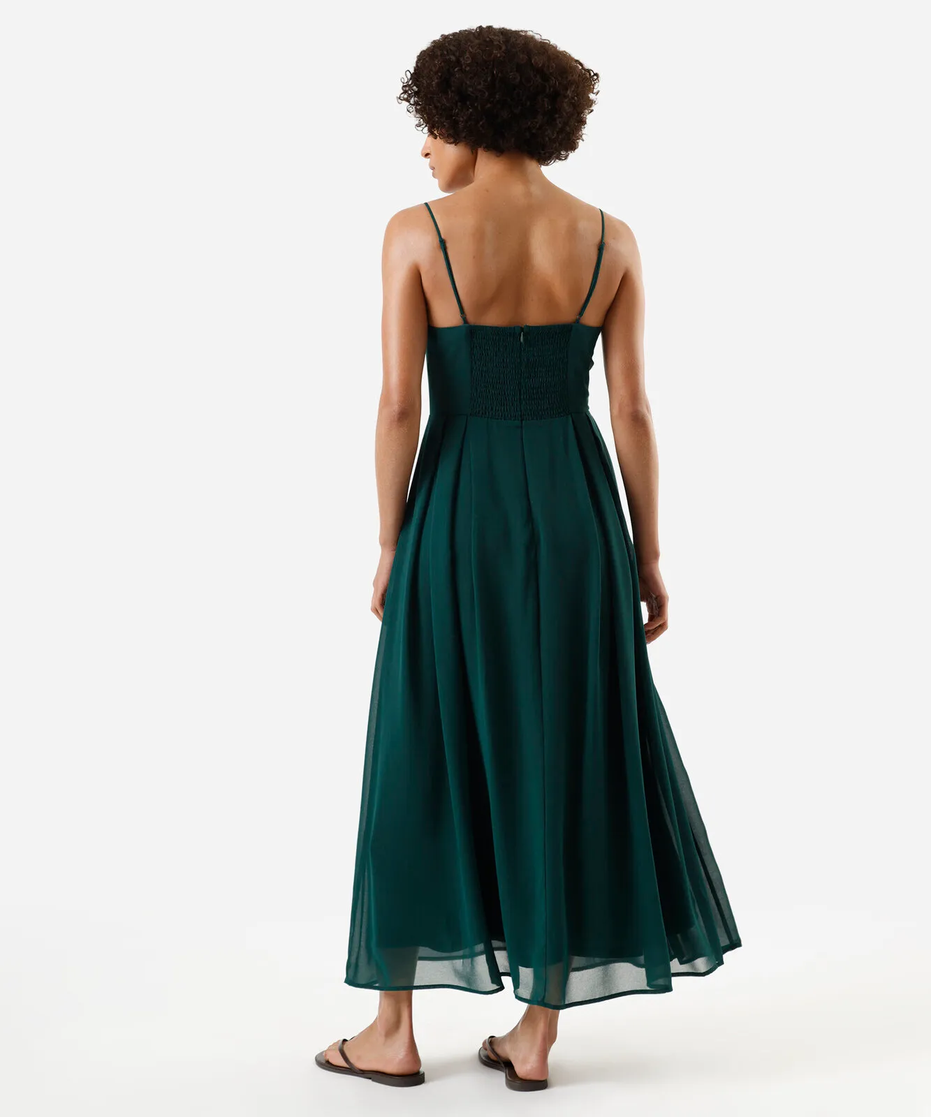 Vestido midi alça fina feminino com pregas verde - Imagem 2
