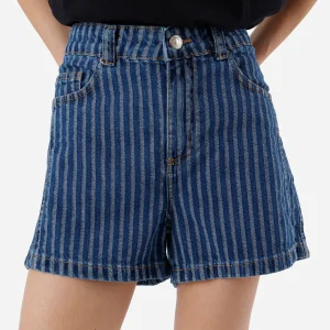 Short feminino jeans cintura média listrado azul
