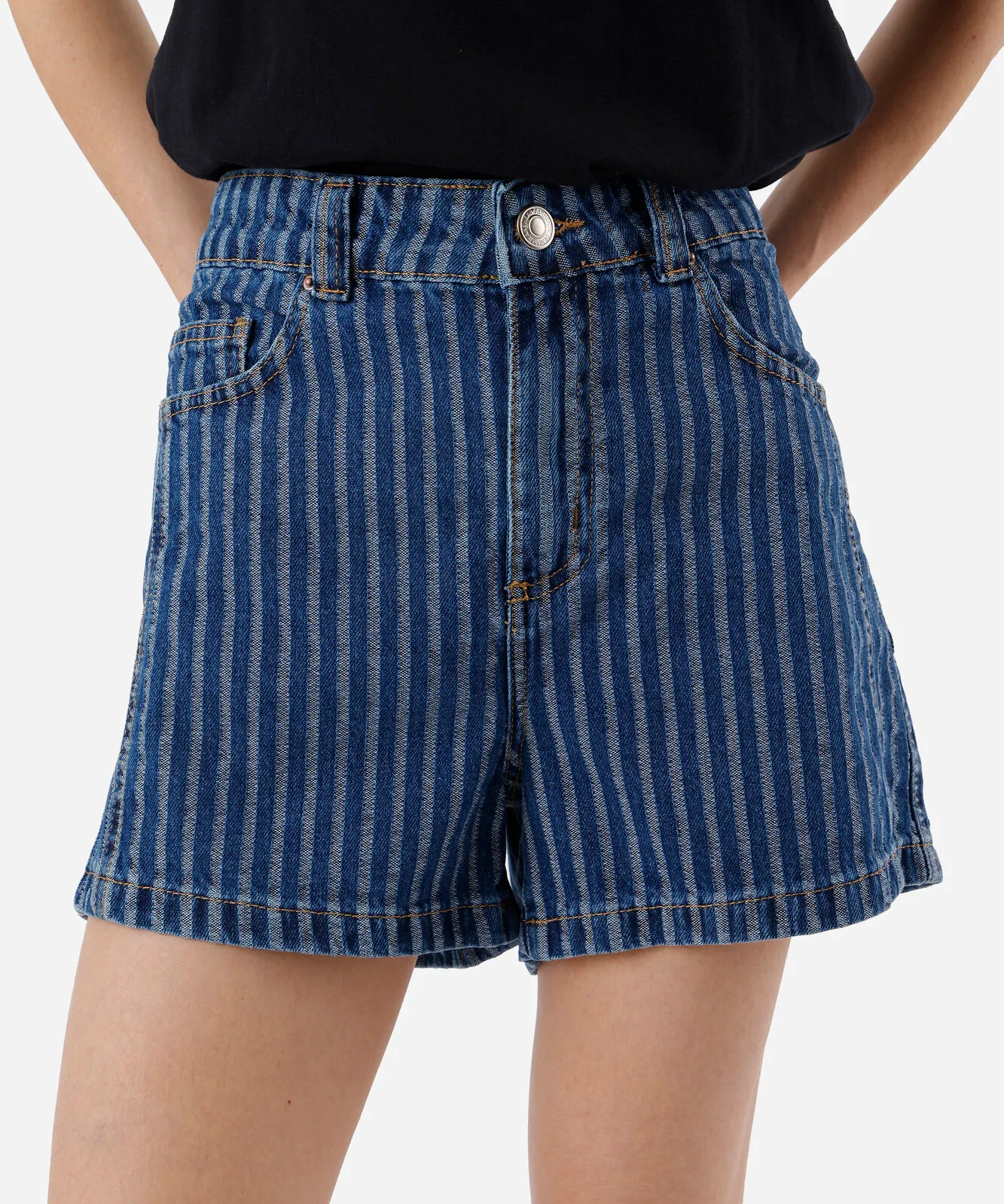 Short feminino jeans cintura média listrado azul - Imagem 2