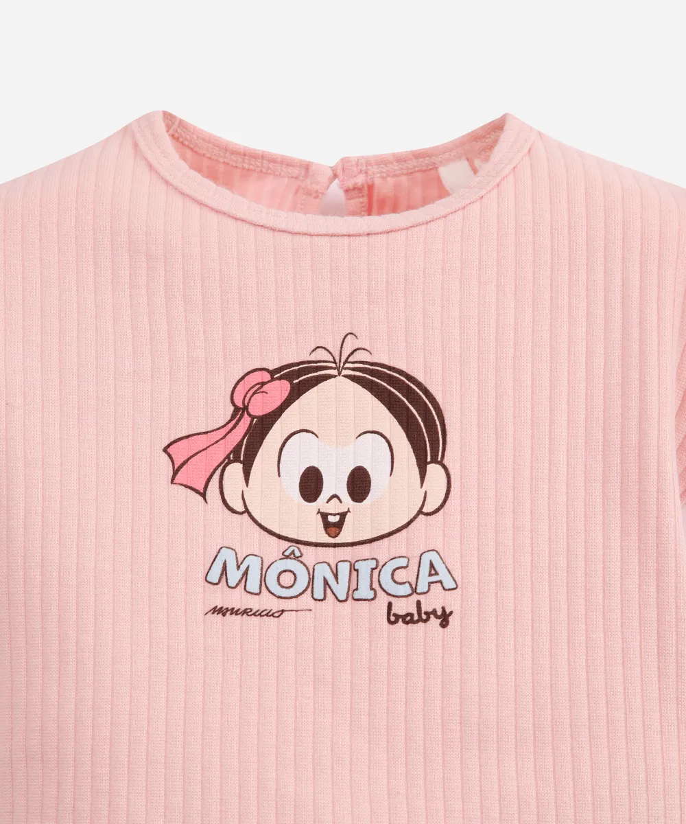 Conjunto infantil curto canelado turma da mônica rosa - Imagem 2