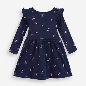 Vestido infantil de algodão manga longa com babado floral azul