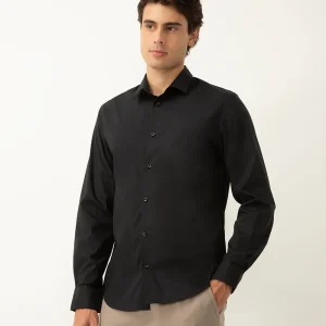 Camisa slim fit de algodão manga longa preta