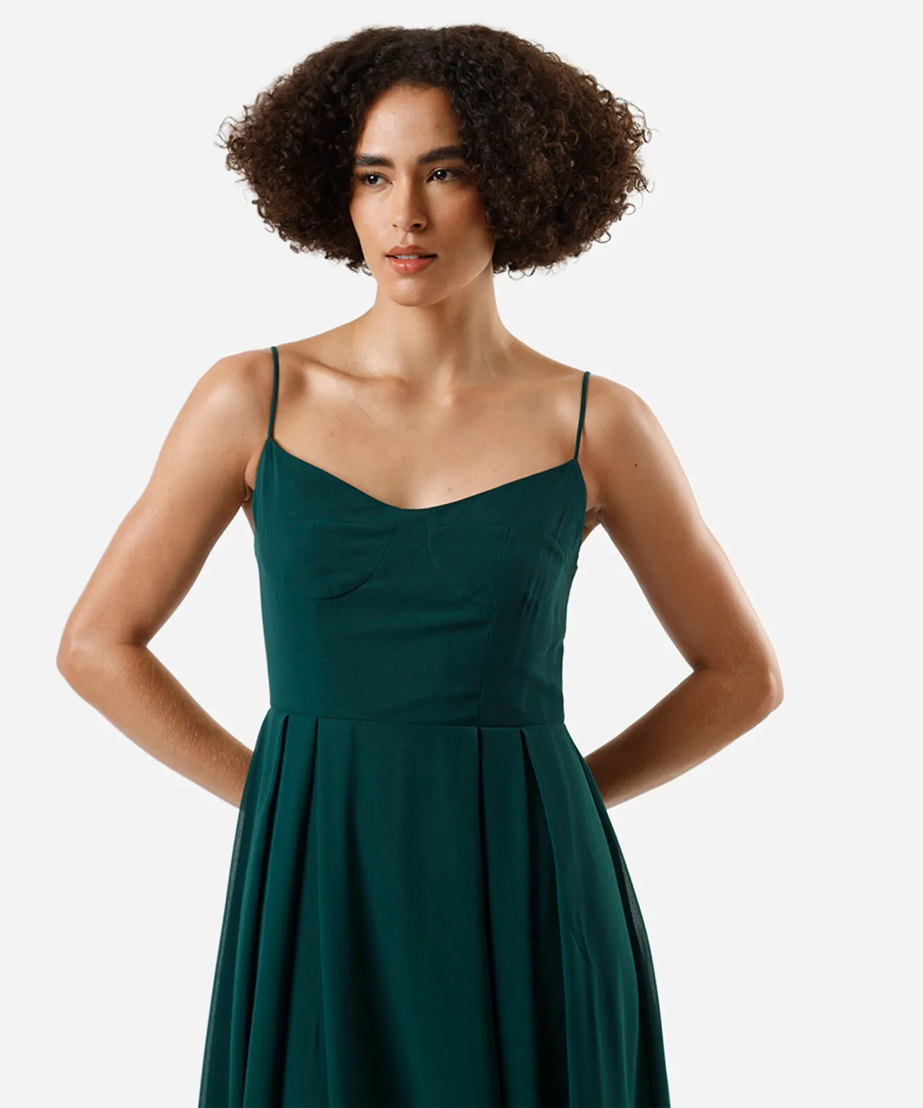 Vestido midi alça fina feminino com pregas verde - Imagem 3