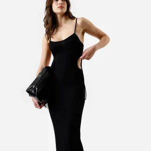 Vestido midi de viscose com recortes canelado preto