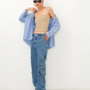 Calça jeans reta cargo cintura média azul