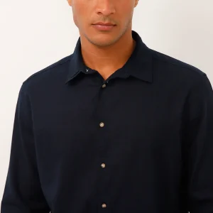 Camisa de linho e algodão manga longa verde médio – azul marinho