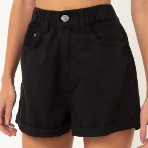 Short de Sarja Feminino Mom Cintura Super Alta com Barra Dobrada Preto