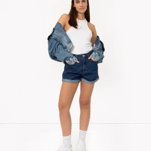 Short jeans mom cintura super alta azul escuro